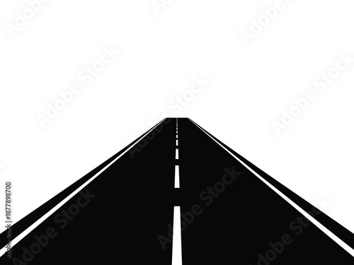 Straight black asphalt road receding into white background for transportation infrastructure concept illustration of highway travel with perspective vanishing point for minimalist backdrop or modern g