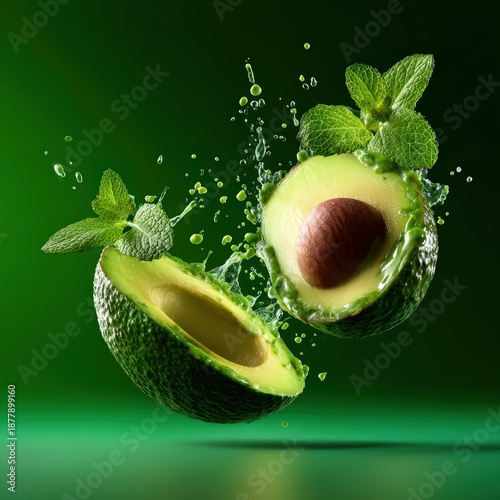 Wallpaper Mural Fresh Sliced Avocado Splash with Mint Leaves on Green Background Torontodigital.ca