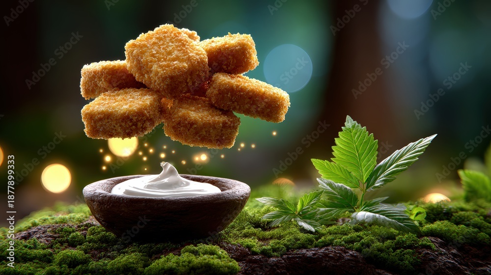 custom made wallpaper toronto digitalLevitating Golden Nuggets Over Creamy Dipping Sauce on Moss