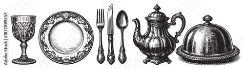 Elegant black and white engraved illustration featuring a wine glass, plate, cutlery, teapot, and serving dome on a white background, evoking vintage luxury.