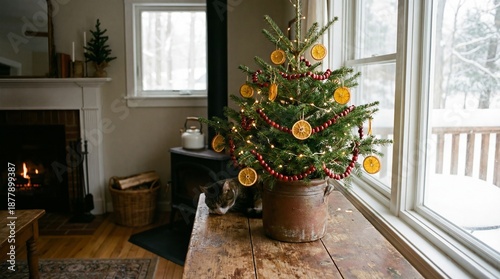 Small Christmas tree decorated with orange slices in cozy living room  