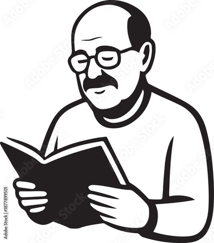 "Old man reading book peacefully, minimal vector, commercial use"