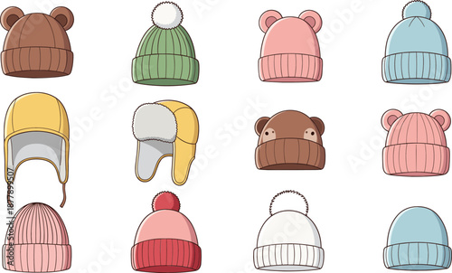 Cute winter baby hat collection with animal ear beanies and knitted warm headwear in flat vector illustration