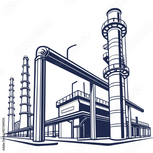 Abstract concept of the petrochemical industry with industrial towers and pipelines, representing energy and chemical processing.