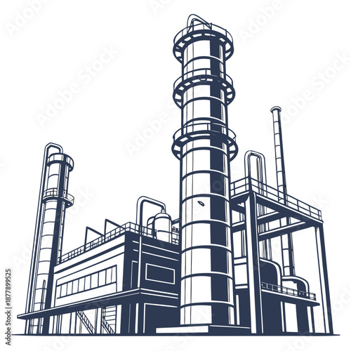 Abstract petrochemical industry refinery concept with industrial towers and pipes, symbolizing energy production and manufacturing.