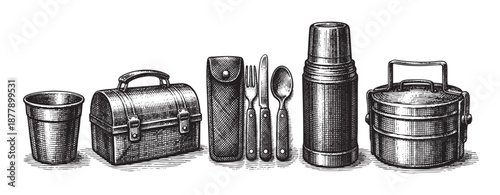 Illustration shows a cup, lunch box, cutlery, thermos and lunch box, vintage style, great for packaging design or retro themed images.