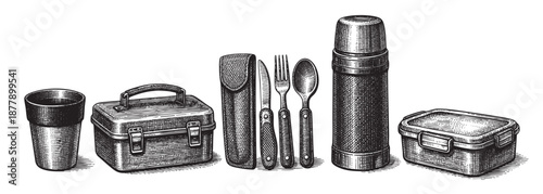 Vintage-style engraving of camping equipment like lunchbox, cup, cutlery, and thermos in a still life composition, perfect for adventure or outdoor themes.