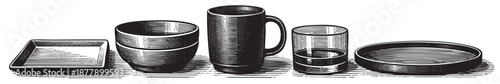 Illustration of various dishes, bowls, mug, and tray in black and white and graphic art style, perfect for food or kitchen illustrations.