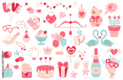 Large set of romantic elements for Valentine's Day. Vector illustration in flat style on a white background.
