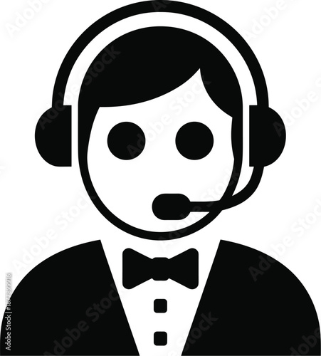 Professional call center operator with headset icon providing customer service support in modern monochrome vector illustration for business communication solutions and telemarketing assistance in the