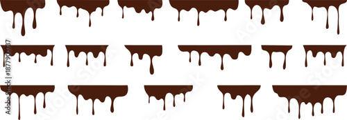 Chocolate dripping border set isolated on white background. Sweet melted chocolate drip edges forming decorative dividers and frames. Dessert design elements for bakery branding, packaging, menus, and