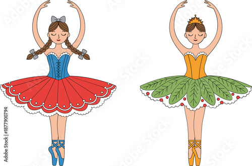 Elegant ballerina dancers illustration set performing classical ballet poses in colorful tutus flat vector style