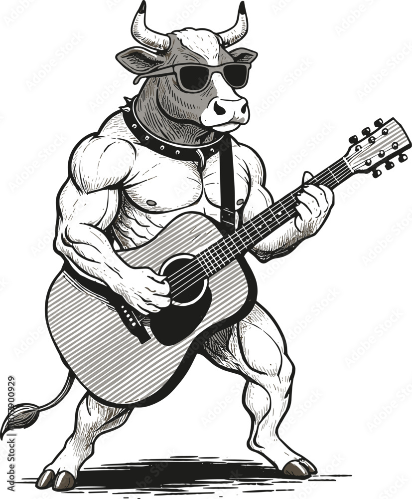 Fototapeta premium Muscular Cow Playing Acoustic Guitar with Sunglasses, Funny Character Art