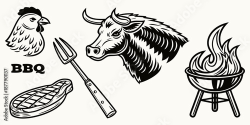 Vintage BBQ Grill Elements with Bull, Chicken, and Steak Vector