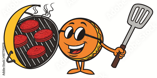 Smiling Burger Character Grilling Meat Patties on Barbecue