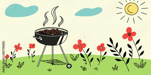 Vector illustration of a barbecue grill on a sunny day