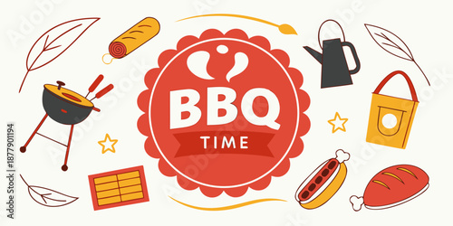 BBQ Time Barbecue Picnic Banner with Grill and Meat Icons