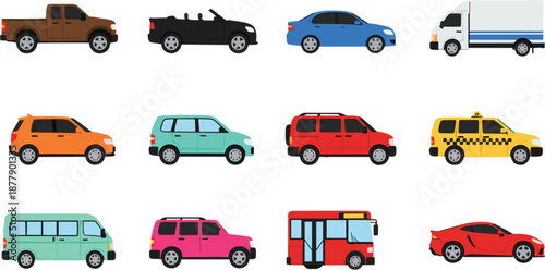 Colorful Vehicle Icons Set with Cars, Truck, Taxi, Bus, Van, and Pickup Illustrations for Transportation Apps, Maps, Infographics, and Modern Graphic Design