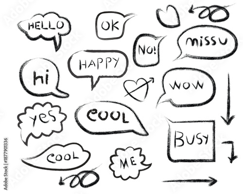 Collection of hand drawn speech bubbles with various greetings and expressions