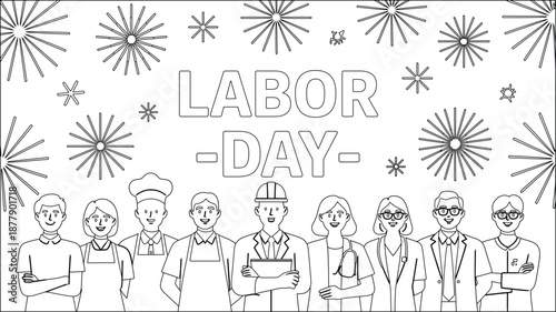 Labor Day text with diverse professionals outline illustration