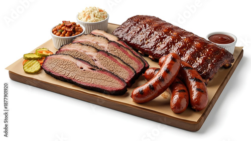 Barbecue platter with brisket, ribs, and sausage, American BBQ assortment, isolated on white background.