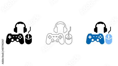 Gaming controller headphones mouse icon set solid, line, colourful styles, digital esports gear