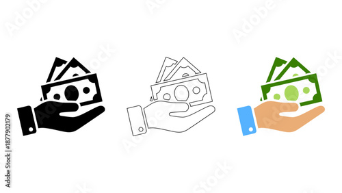Hand holding cash financial assistance donation money transfer payment icon set  solid, line, colorful styles vector
