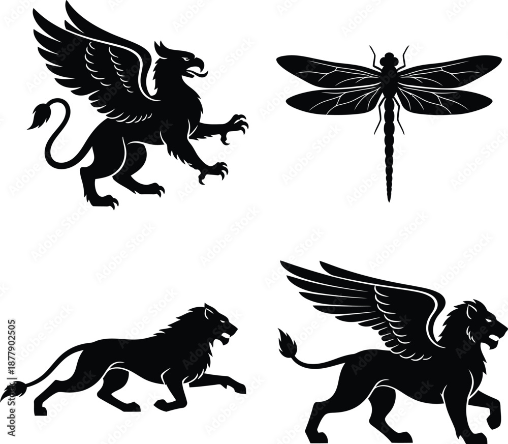 Fototapeta premium Collection of Mythical Creatures and Wildlife Silhouettes Including Griffin, Winged Lion, Traditional Lion, and Dragonfly Vector Illustrations
