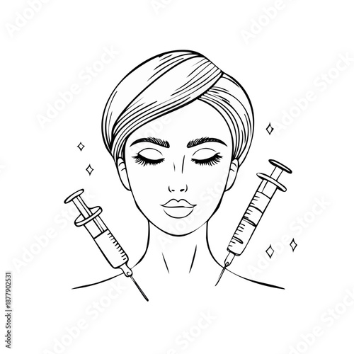 Woman face with cosmetic syringe line icon, aesthetic medicine beauty illustration