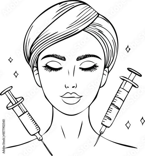 Woman face with cosmetic syringe line icon, aesthetic medicine beauty illustration