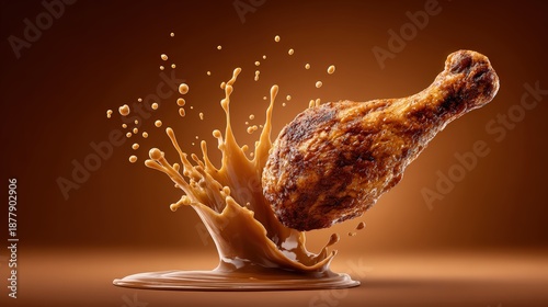 Crispy Fried Chicken Drumstick Splashing into Savory Sauce
