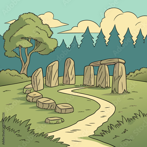 Ancient stone circle in a serene landscape