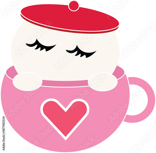 A cute vector illustration of a white round character with long eyelashes wearing a red beret, peeking out from a pink teacup or mug.