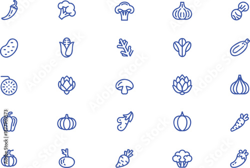 Collection of blue line vegetable on white background