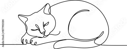 Minimalist line art cat sleeping feline domestic pet animal in simple continuous contour drawing style single outline vector illustration for modern graphic design elements animal lovers relaxation we
