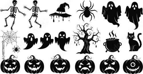 Spooky Halloween silhouette icon set with skeletons ghosts pumpkins witch elements and scary decorations in flat vector illustration