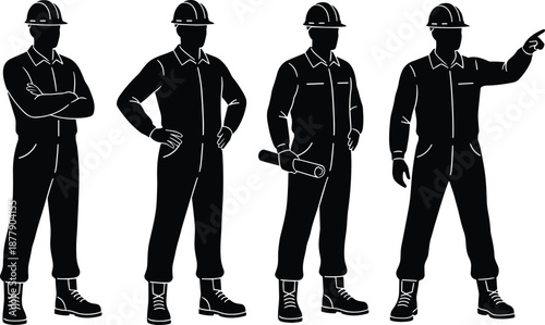 Silhouette construction workers in various poses wearing hard hats and coveralls representing teamwork, planning, leadership, and site direction roles