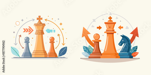 A vector illustration of  a king piece on a black chessboard to represent a strategy of leadership and peaceful business competition in a conceptual battle game