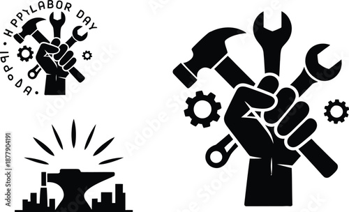 Labor Day workers tools held by hand on anvil with city