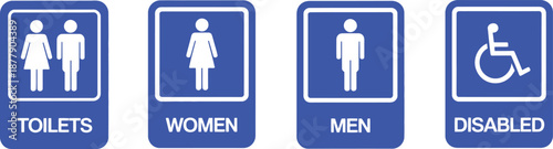 Four blue and white restroom signs for toilets women men disabled