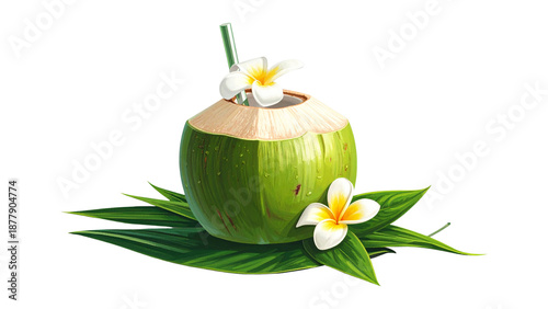A fresh coconut cocktail in a glass with a yellow camomile flower and green leaf, isolated on a white background for a healthy beauty and herbal spa aroma beverage