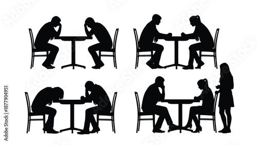 Silhouettes of people in various states of sadness and isolation