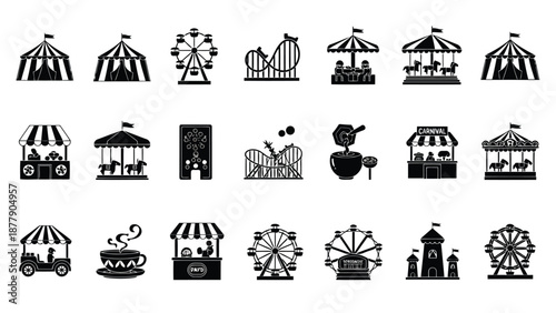 Carnival icons set with rides and attractions