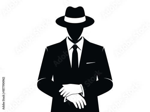 Mysterious faceless man in black suit and fedora hat standing confident anonymous figure character illustration for crime investigation secret agent or private detective silhouette concept for digital