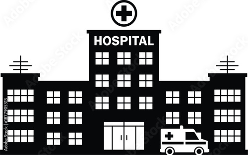 Modern hospital building with ambulance arriving emergency medical facility for healthcare services vector illustration icon for medical professionals clinics hospitals urgent care centers health and