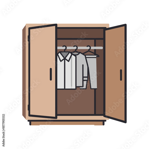 Open Wardrobe with Hanging White Shirts Inside.