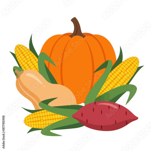 Pumpkin and Corn Illustration with Vegetables.