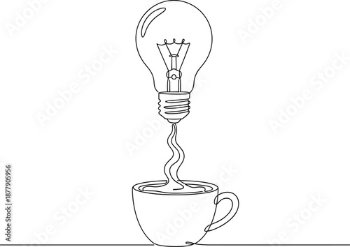 Continuous One Line Drawing   ApriL fools Vector Illustration of a Coffee Cup with Steam Transforming into a Bright Light Bulb Symbolizing Creative Morning Energy, Inspiration, and Idea Generation.