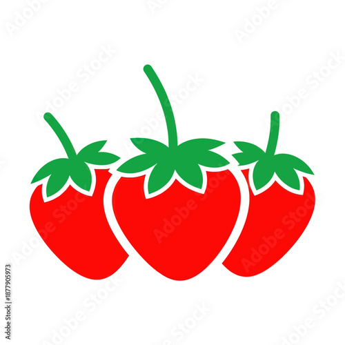 Three Fresh Red Strawberries with Green Leaves.