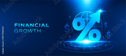 Financial growth vector concept with rising percentage arrow, global business and investment success. Digital abstract vector background representing revenue increase, economic expansion and ROI